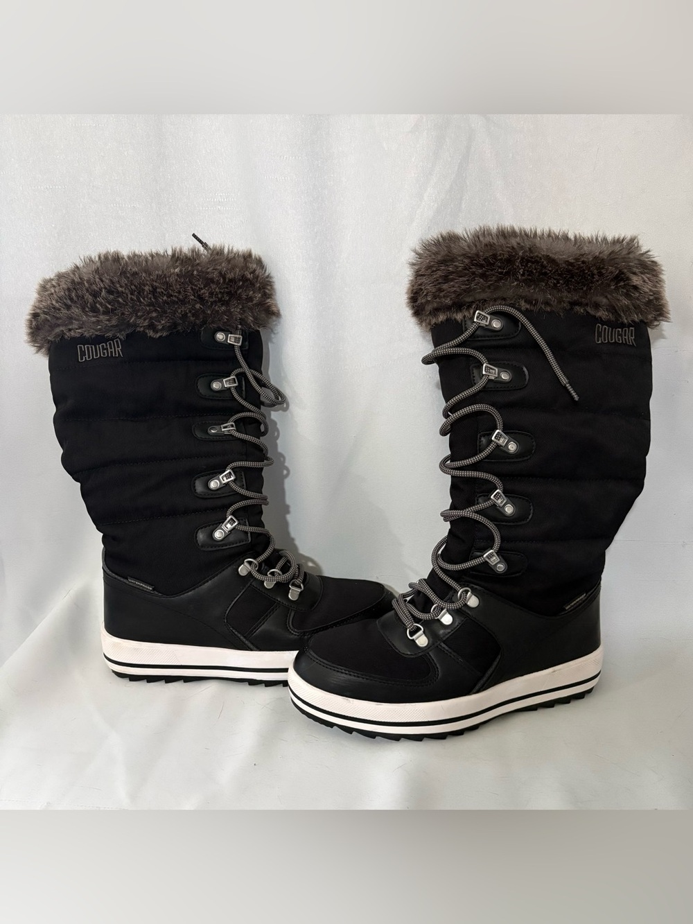 Cougar Vesta Black Faux Fur-Trim Tall Lace-Up Winter Boots